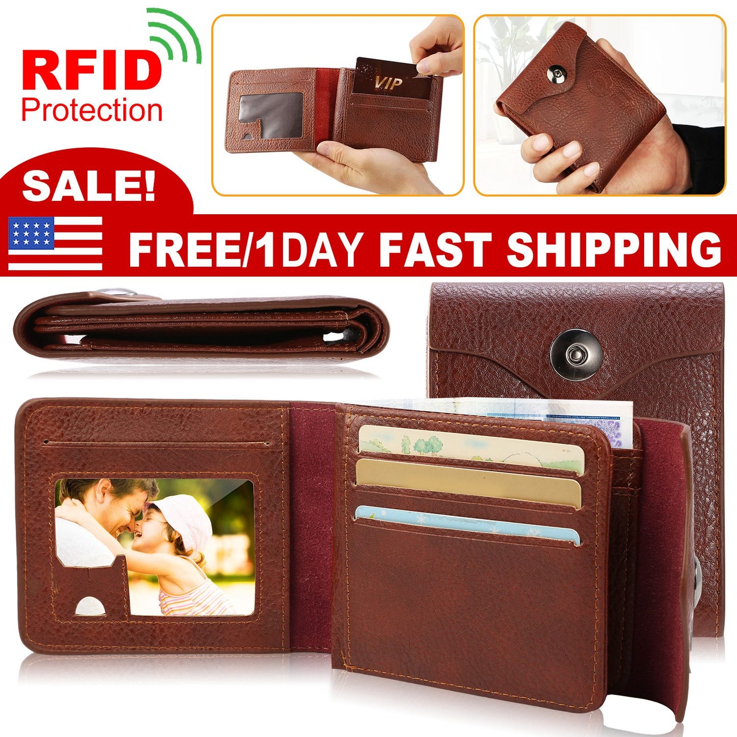 Men’s Wallet PU Leather Bifold Purse Slim RFID Blocking Card Holder Cases w/ 2
