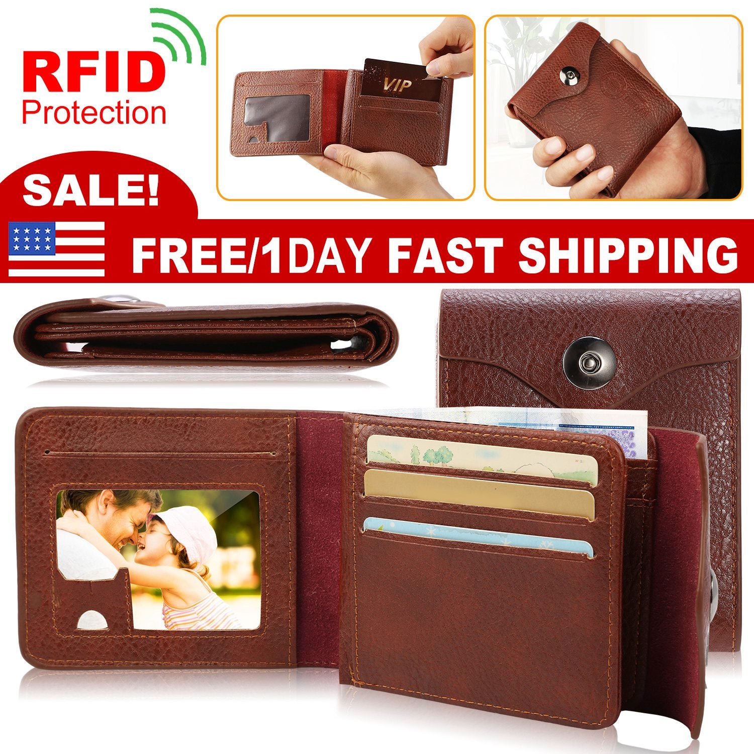 Men’s Wallet PU Leather Bifold Purse Slim RFID Blocking Card Holder Cases w/ 2