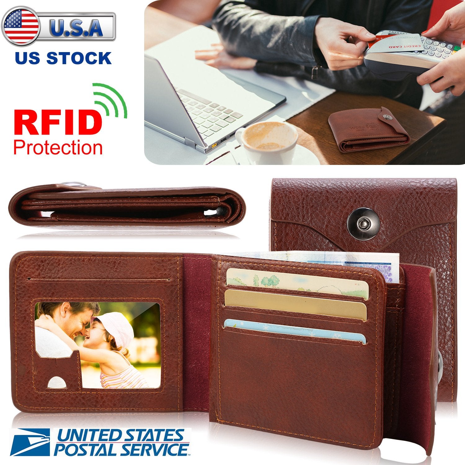 Men’s Wallet PU Leather Bifold Purse Slim RFID Blocking Card Holder Cases w/ 2