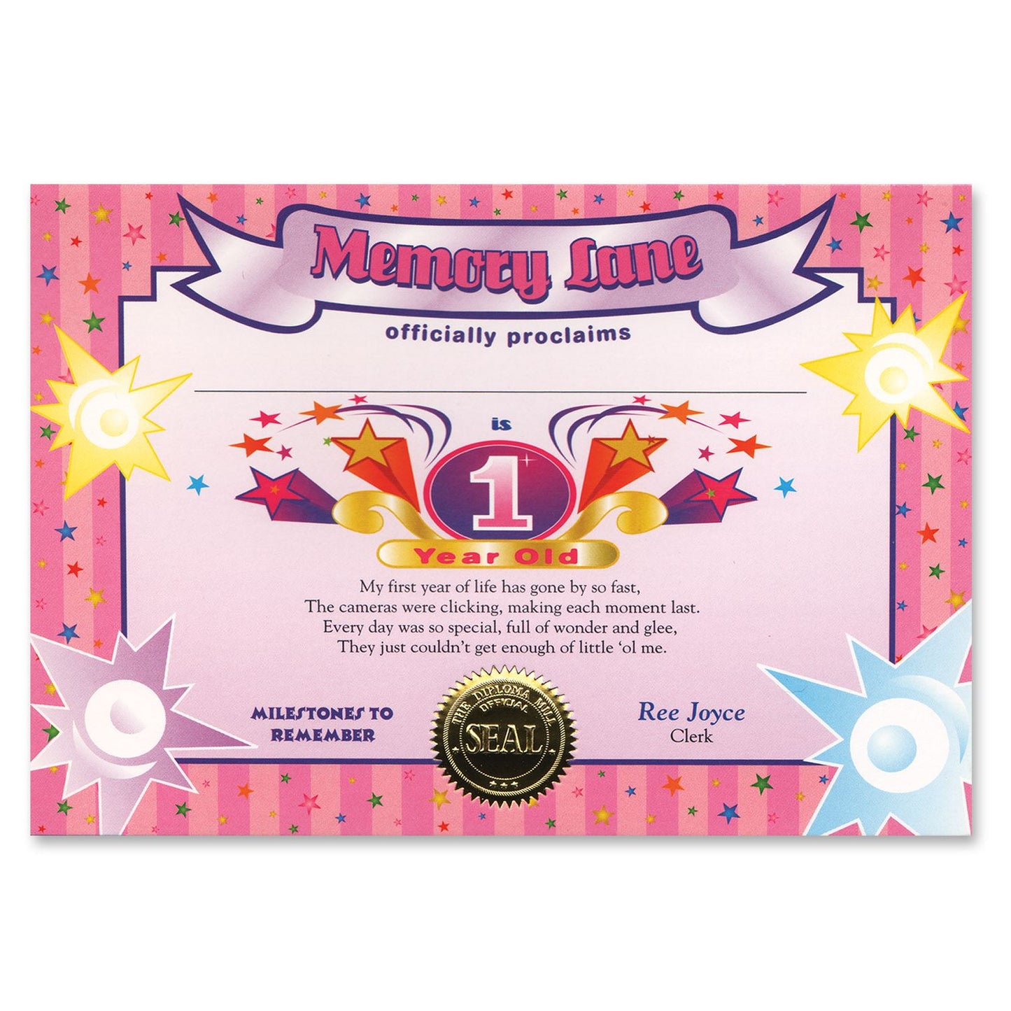 Beistle 1 Year Old (Girl) Certificate - 1st Birthday | Party Supply
