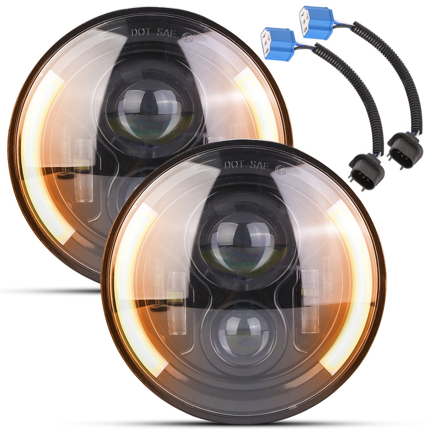 2Pcs 7In 40W Round LED Headlights 3800LM Halo Car Headlamp with DRL Turn Light