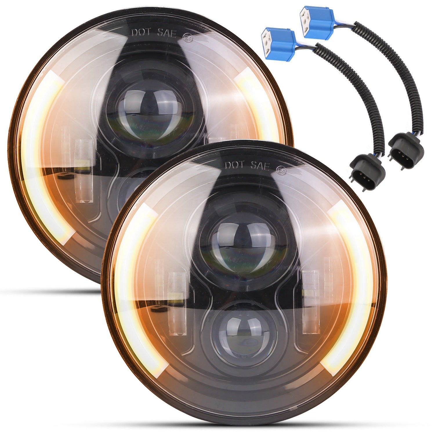 2Pcs 7In 40W Round LED Headlights 3800LM Halo Car Headlamp with DRL Turn Light
