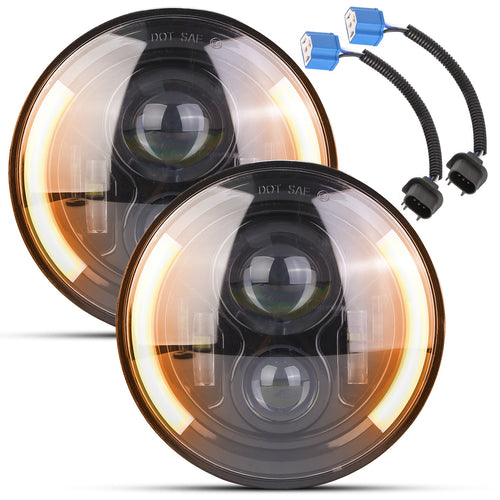 2Pcs 7In 40W Round LED Headlights 3800LM Halo Car Headlamp with DRL Turn Light