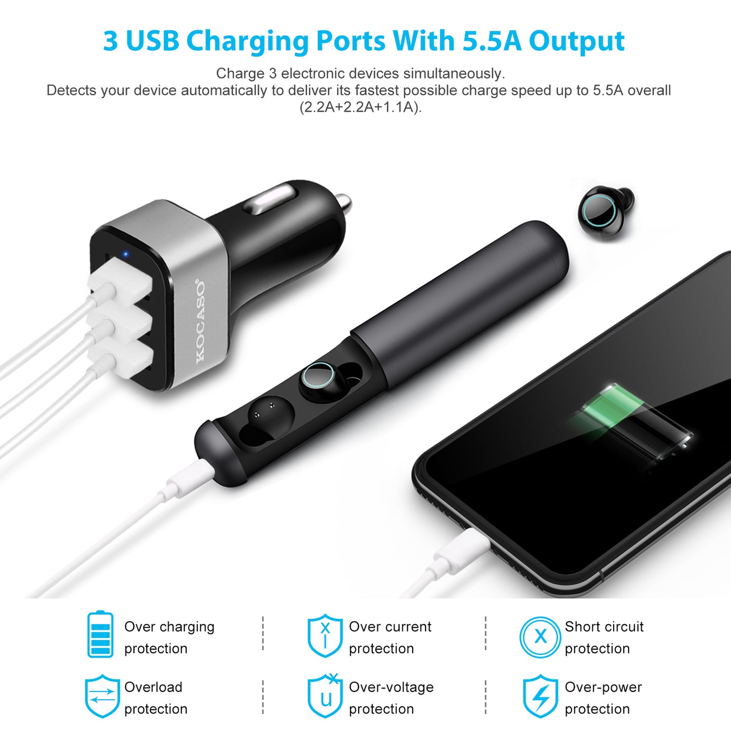 USB Car Charger 30W 5.5A 3 USB Port Cigarette Lighter Charger Adapter For