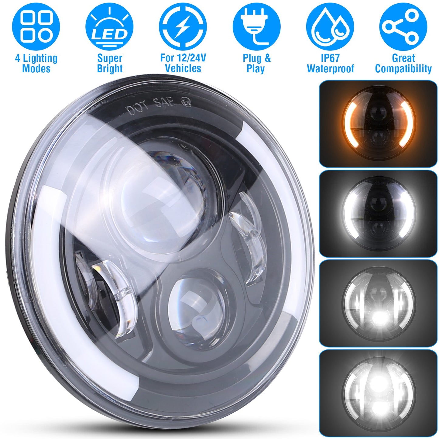 7In 40W Round LED Headlight 3800LM Halo Car Headlamp with DRL Turn Light High
