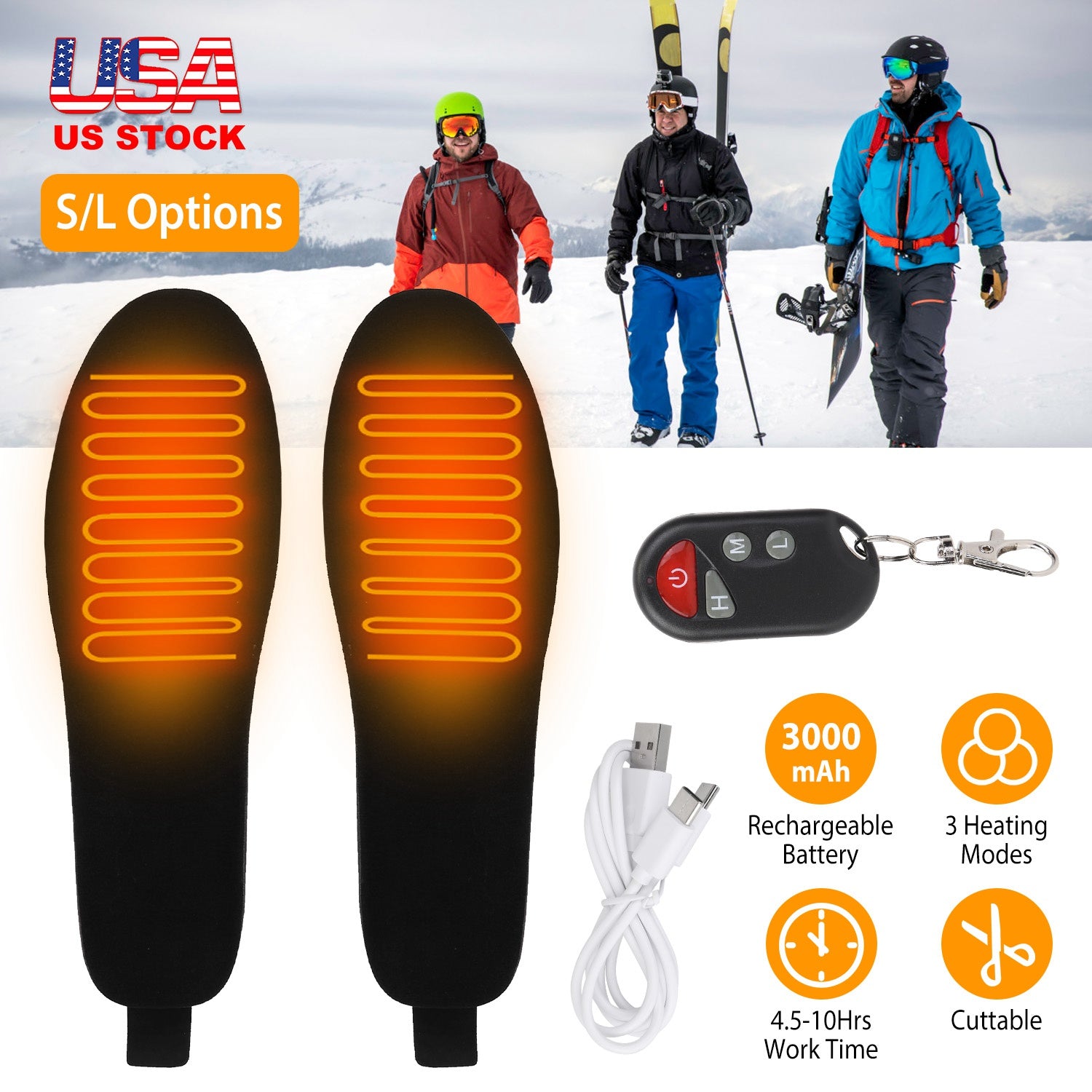 Heated Insoles Electric Heated Foot Warmer 3000mAh Rechargeable Battery Powered