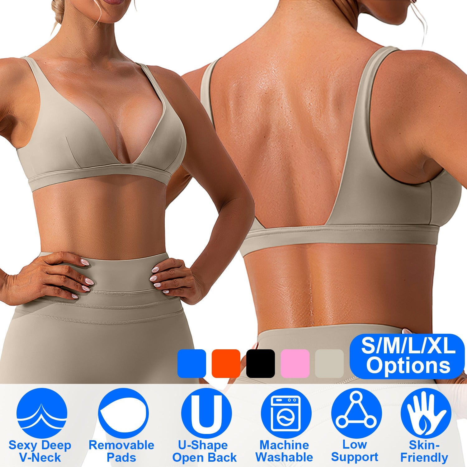 Women Deep V-Neck Sports Bras U-Shaped Back Sport Bras Padded Strappy Crop Open