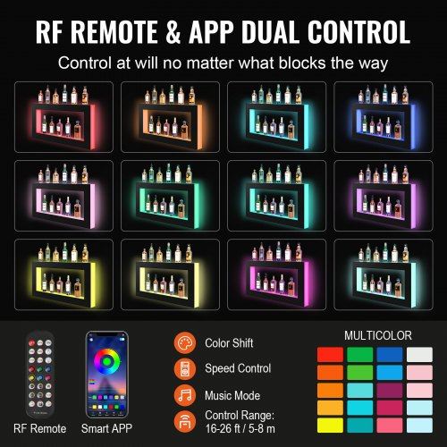 LED Lighted Liquor Bottle Display Bar Shelf RF & App Control 48" Square