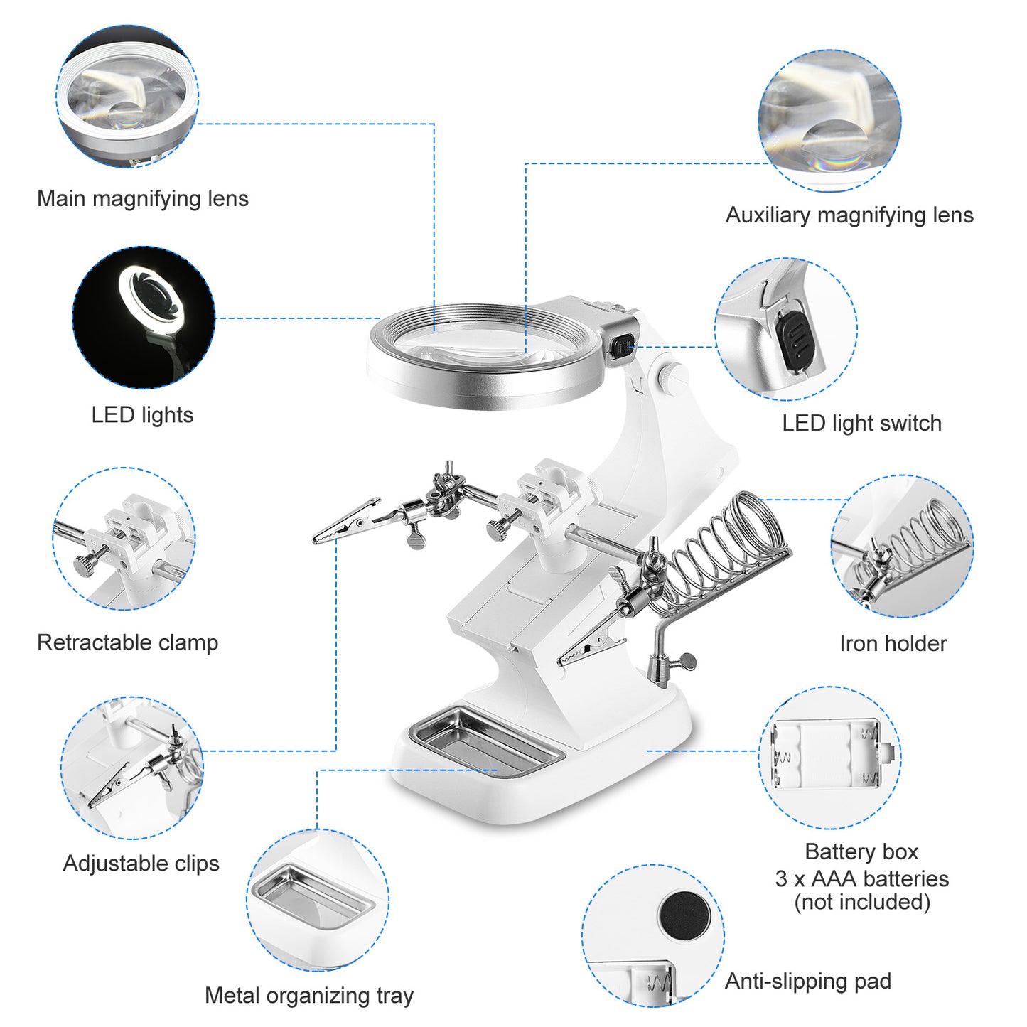 LED Light Helping Hands Magnifying Glass 3X/4.5X w/ 360°Adjust Third Hand