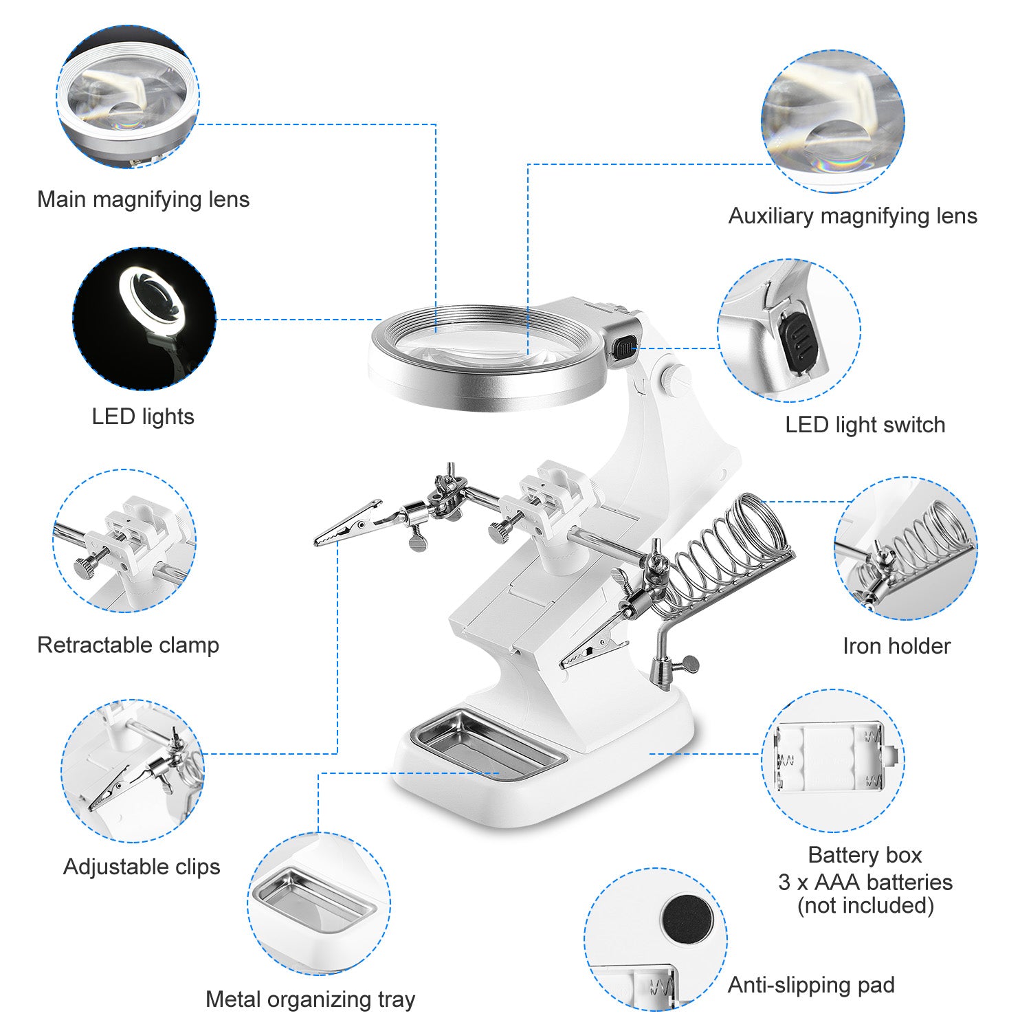 LED Light Helping Hands Magnifying Glass 3X/4.5X w/ 360°Adjust Third Hand