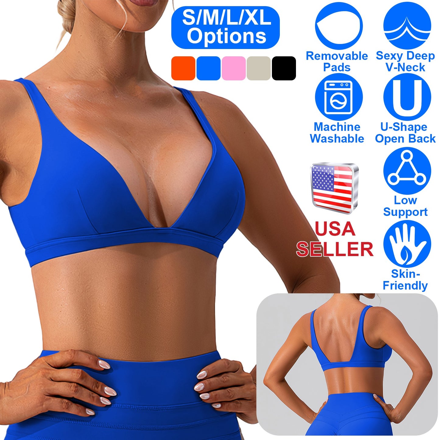 Women Deep V-Neck Sports Bras U-Shaped Back Sport Bras Padded Strappy Crop Open