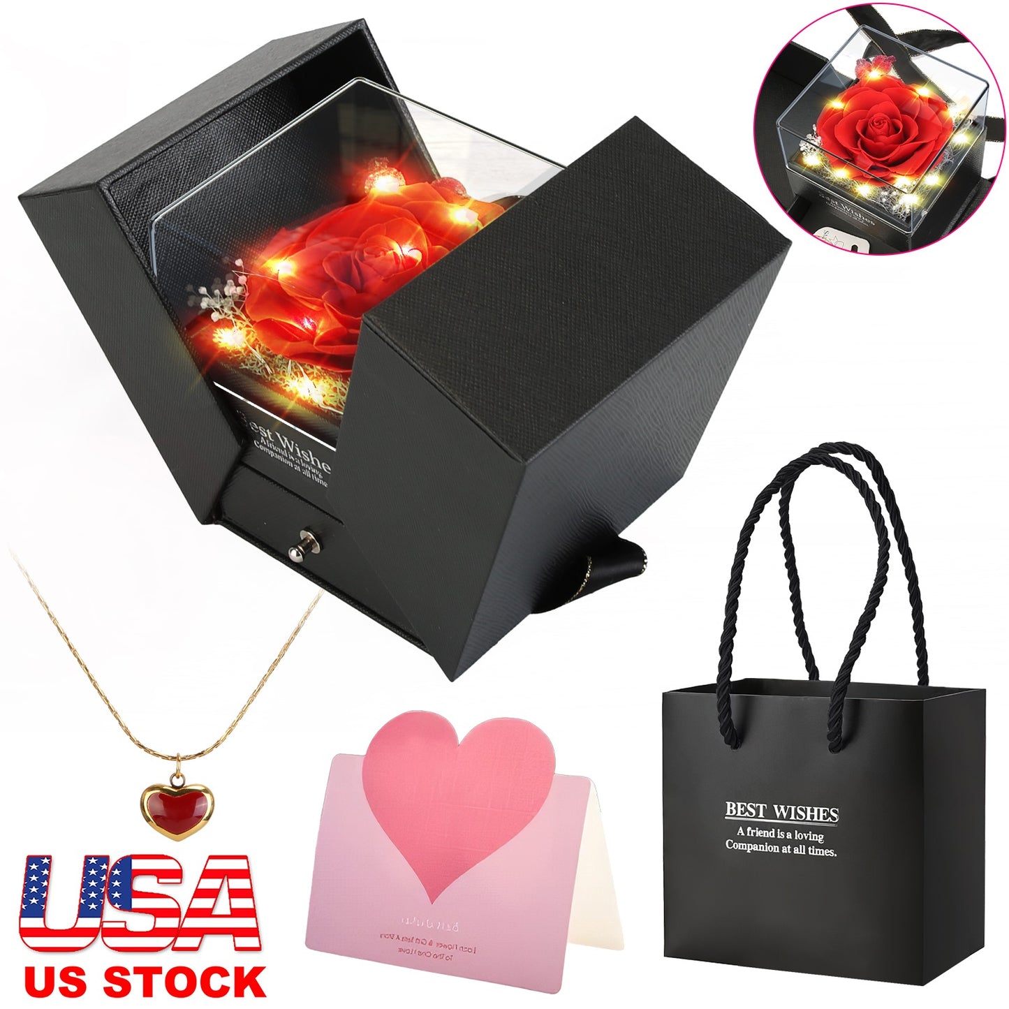 Preserved Red Real Rose with Heart Necklace Eternal Flowers Rose with Golden