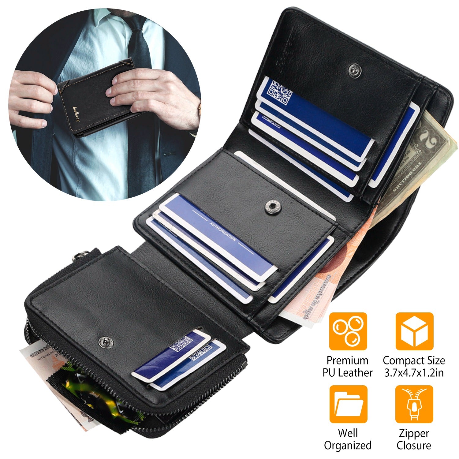 Men’s Leather Wallet ID Card Holder Purse Trifold Clutch Money Zipper with ID