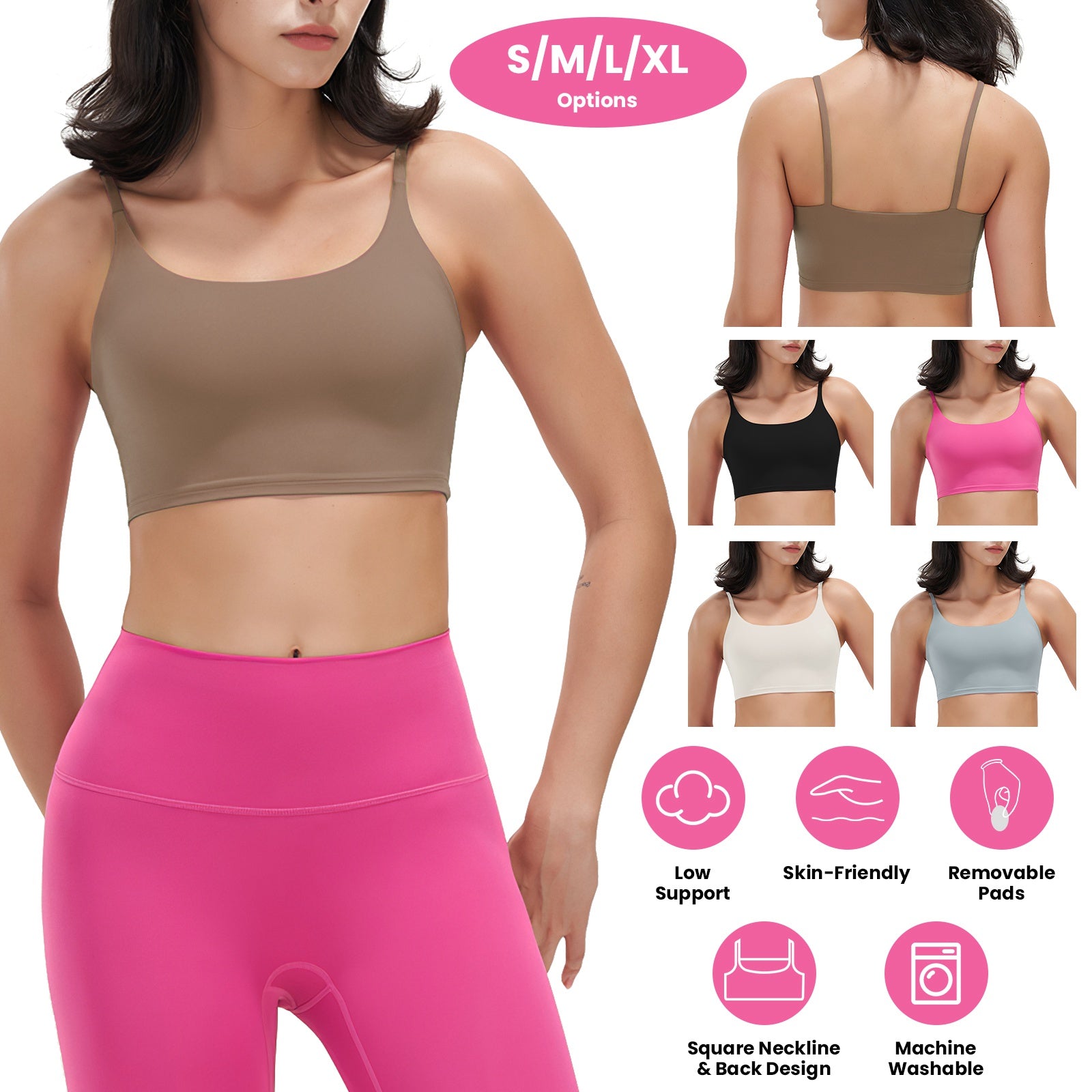 Women Strap Sport Bras Padded Strappy Crop Square Neck Low Impact Bras Sexy