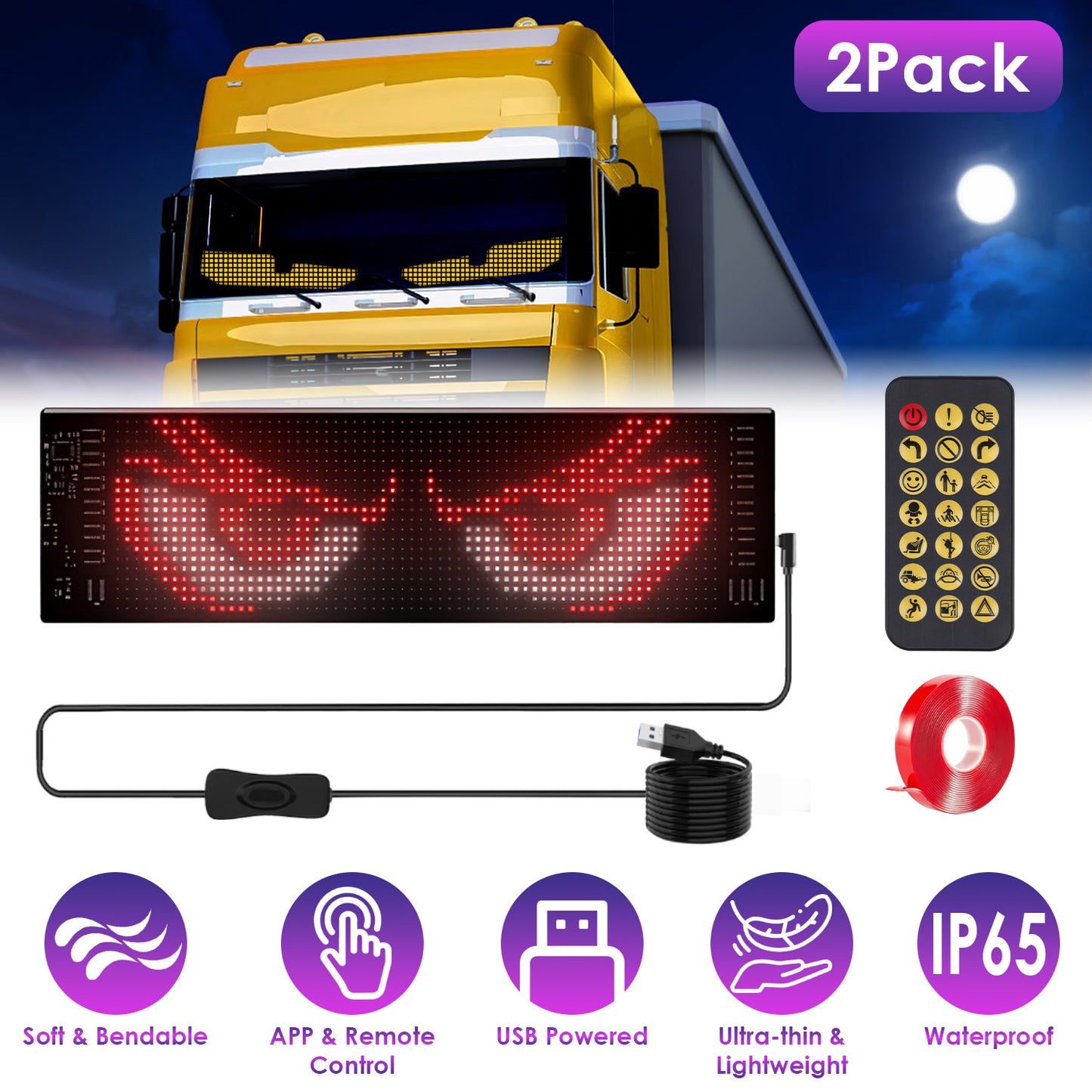 2Pack 20x64 Matrix Devil Eyes Lights For Car Ultra-thin Programmable LED Car