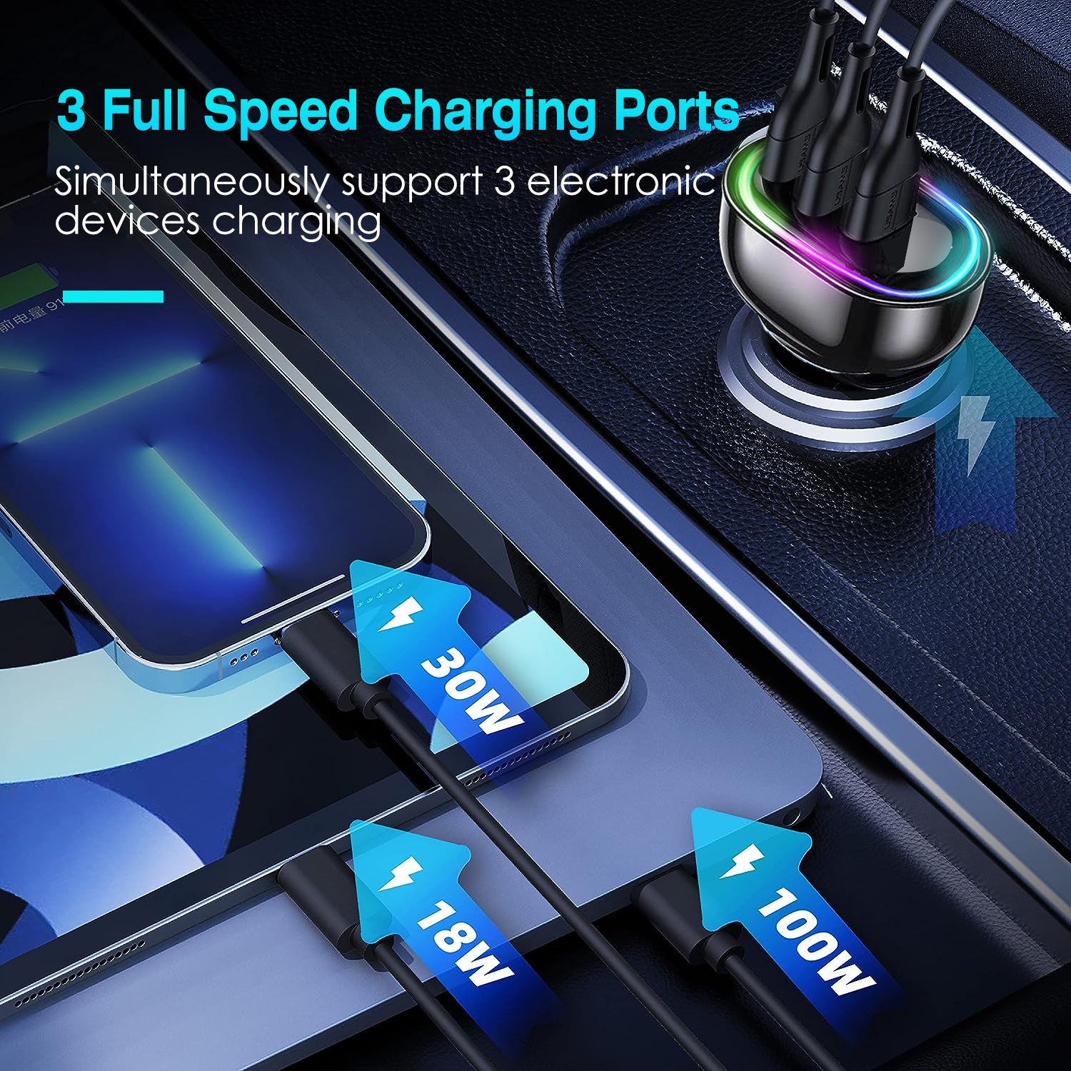 90W 3 Ports Fast Charge Car Charger QC3.0 PD3.0 USB Type-C LT Car Cigarette