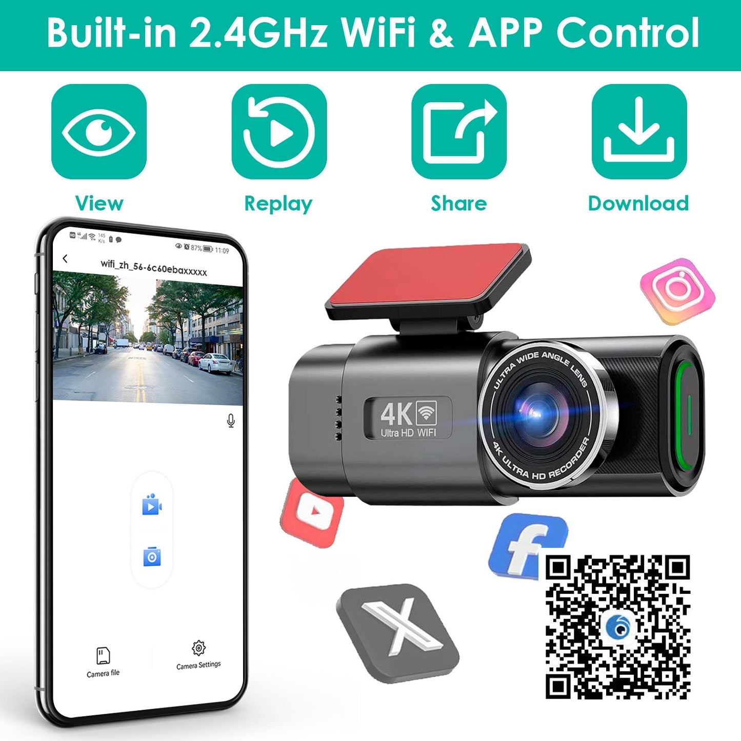 4K/1080P Dual Chanel Car Dash Cam 2.4GHz WiFi Car Camera Mini Driving Recorder