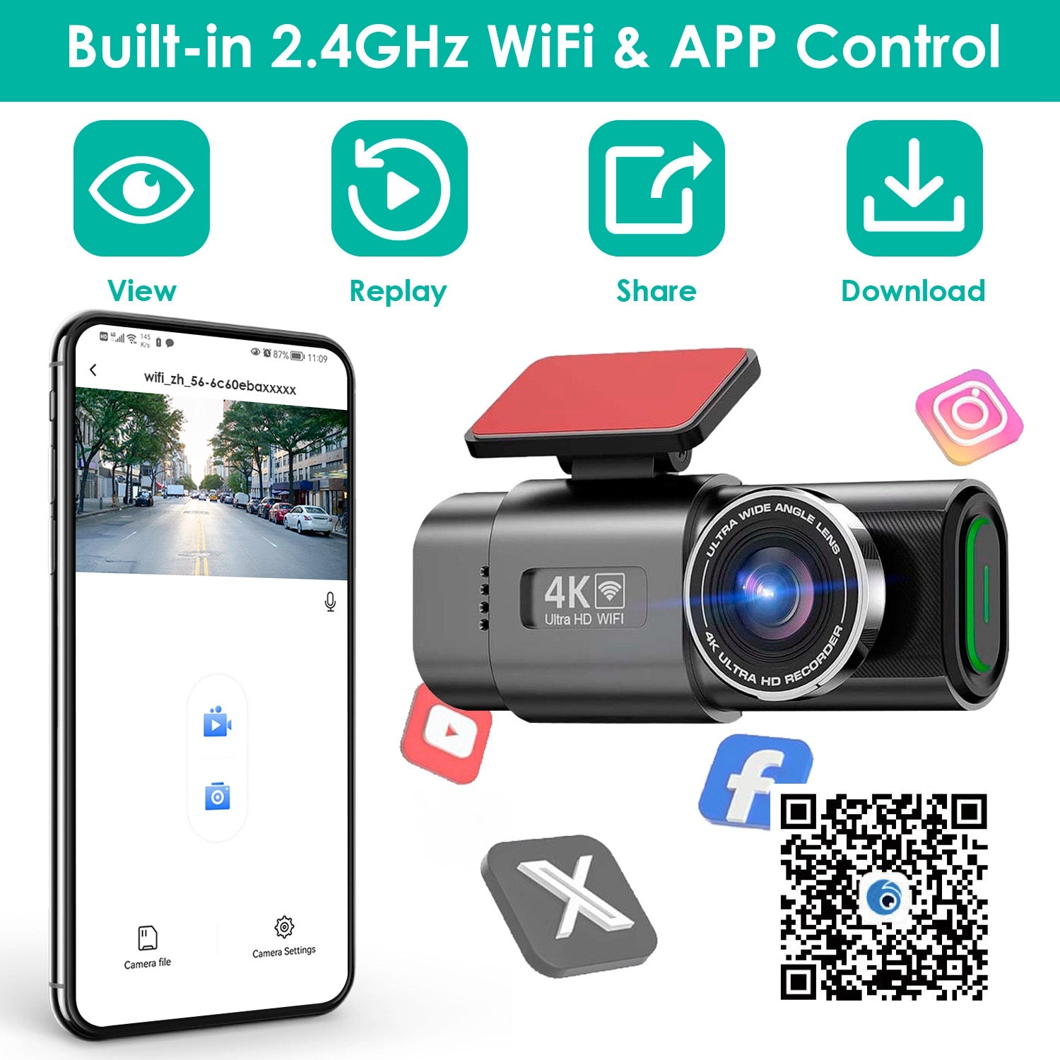 4K/1080P Dual Chanel Car Dash Cam 2.4GHz WiFi Car Camera Mini Driving Recorder