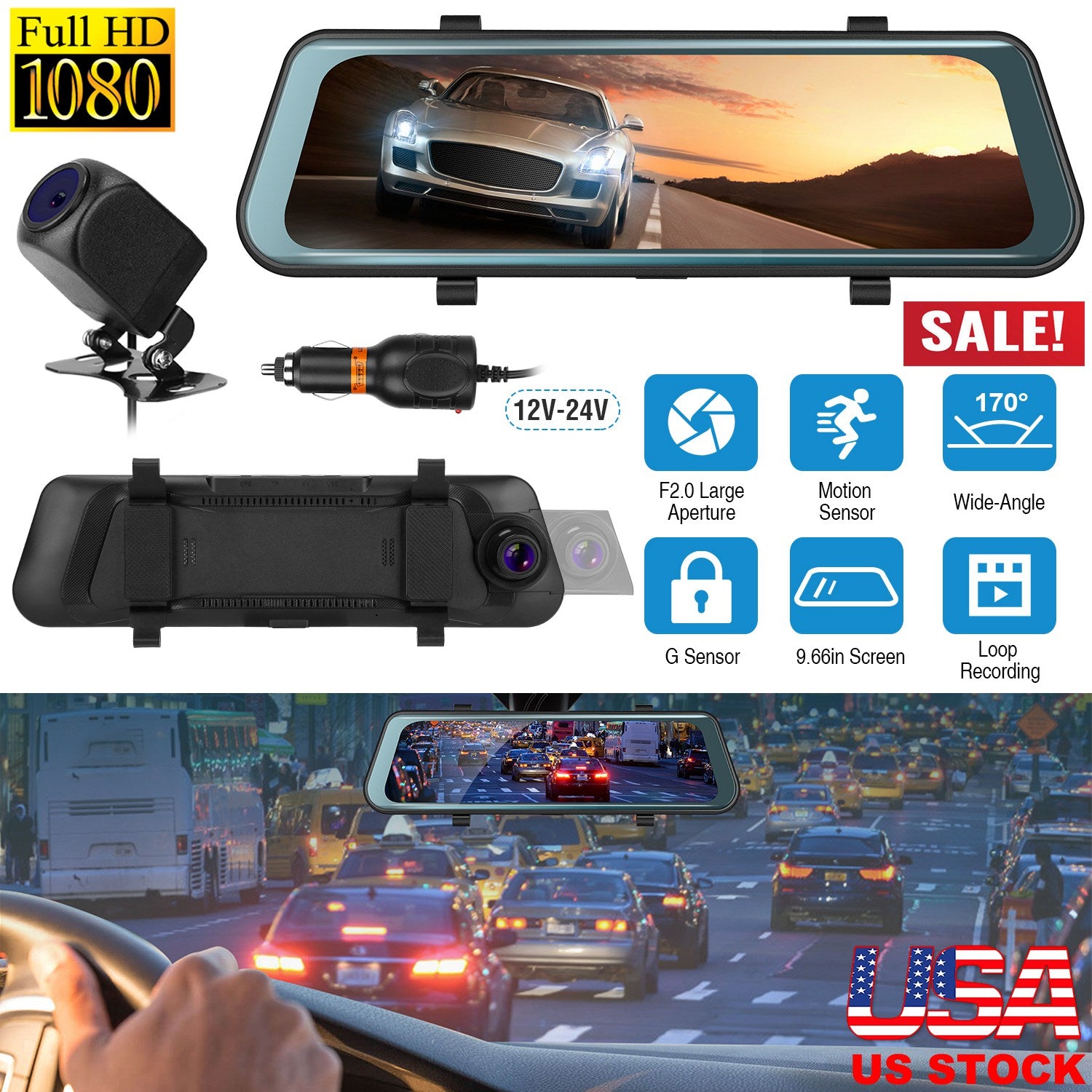 FHD 1080P Car DVR Dash Camera 9.66In Vehicle Driving Recorder w/ G Sensor