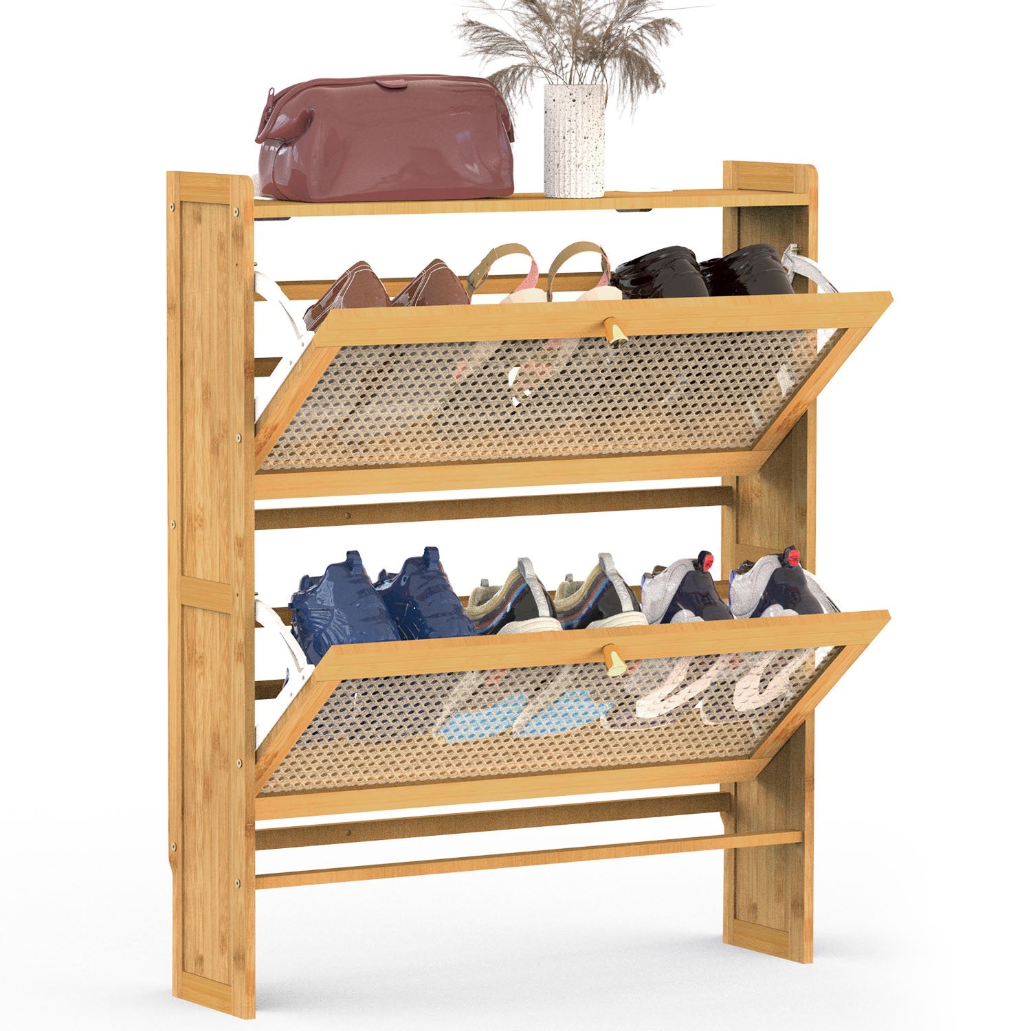 2-Tier Shoe Cabinet with 2 Flip Drawers Slim Bamboo Shoe Rack Freestanding 9915