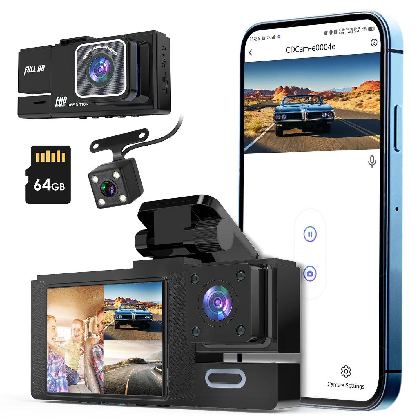 WiFi FHD 1080P Car Dash Cam 3 Channels Front Rear Inside Dash Camera with Loop