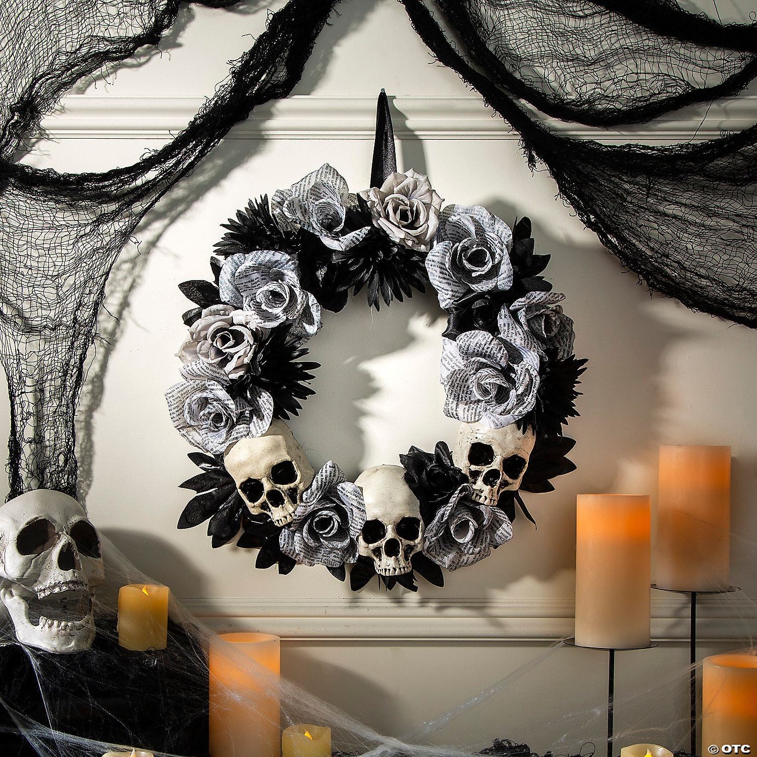 17 1/2" x 17 1/2" White Roses Wreath with Skulls Halloween Decoration