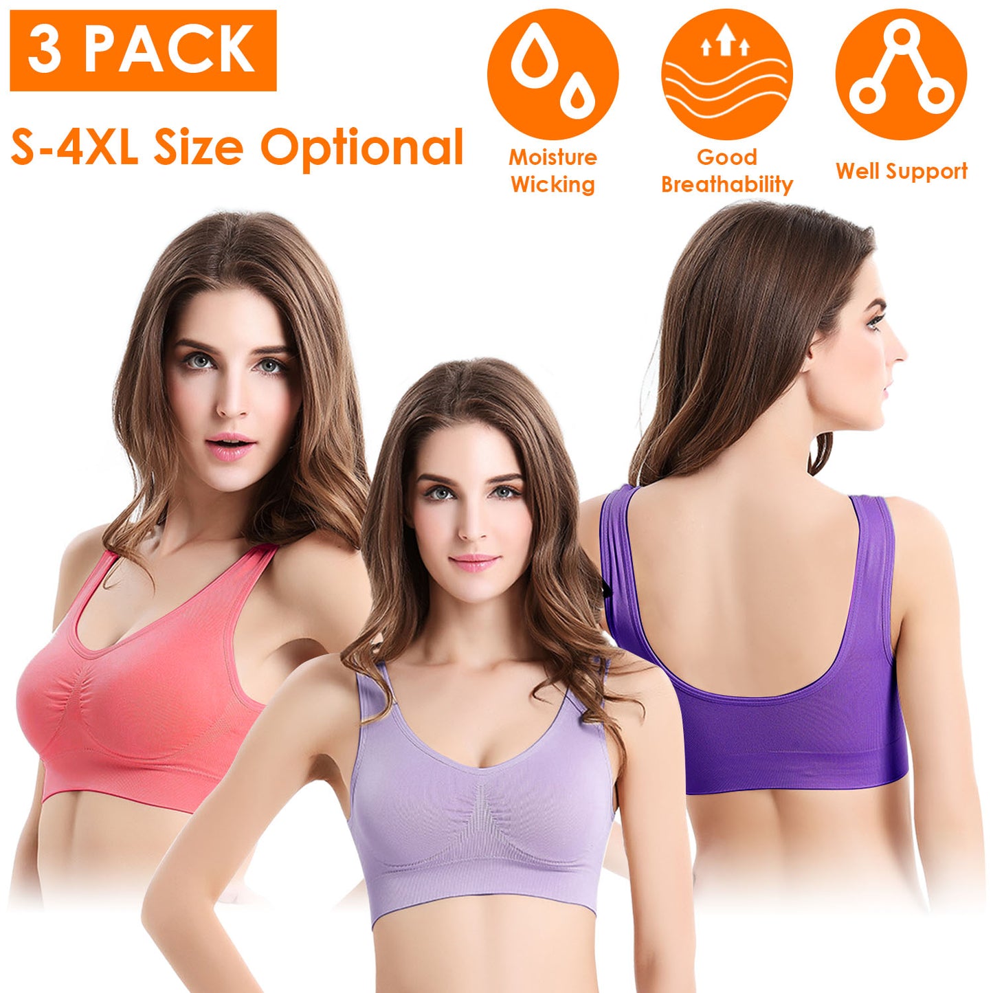 3 Pack Sport Bras For Women Seamless Wire-free Bra Light Support Tank Tops For