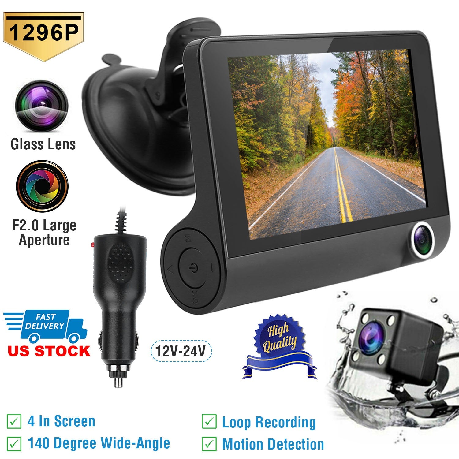 1296P Car DVR Dash Camera 4In 3 Lens Vehicle Driving Recorder Seamless