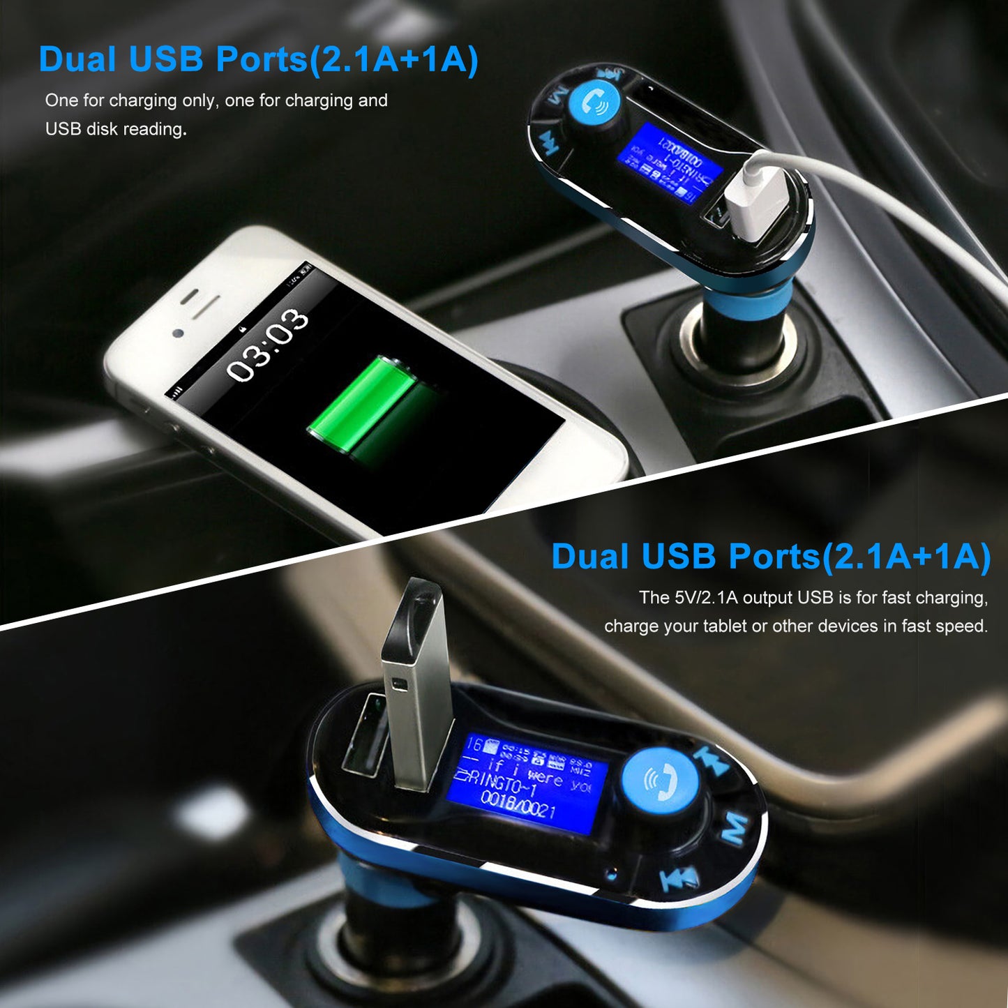 Car Wireless FM Transmitter Dual USB Charger Hands-free Call MP3 Player Aux-in