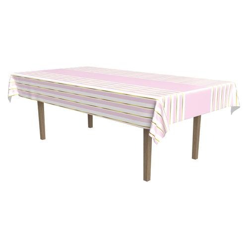 Beistle Striped Tablecover - Pink, White and Gold - Baby Shower | Party Supply