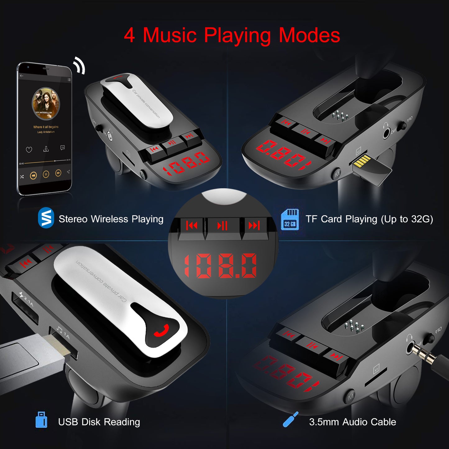 Car FM Transmitter w/ Wireless Earpiece 2 USB Charge Ports Hands-free Call MP3