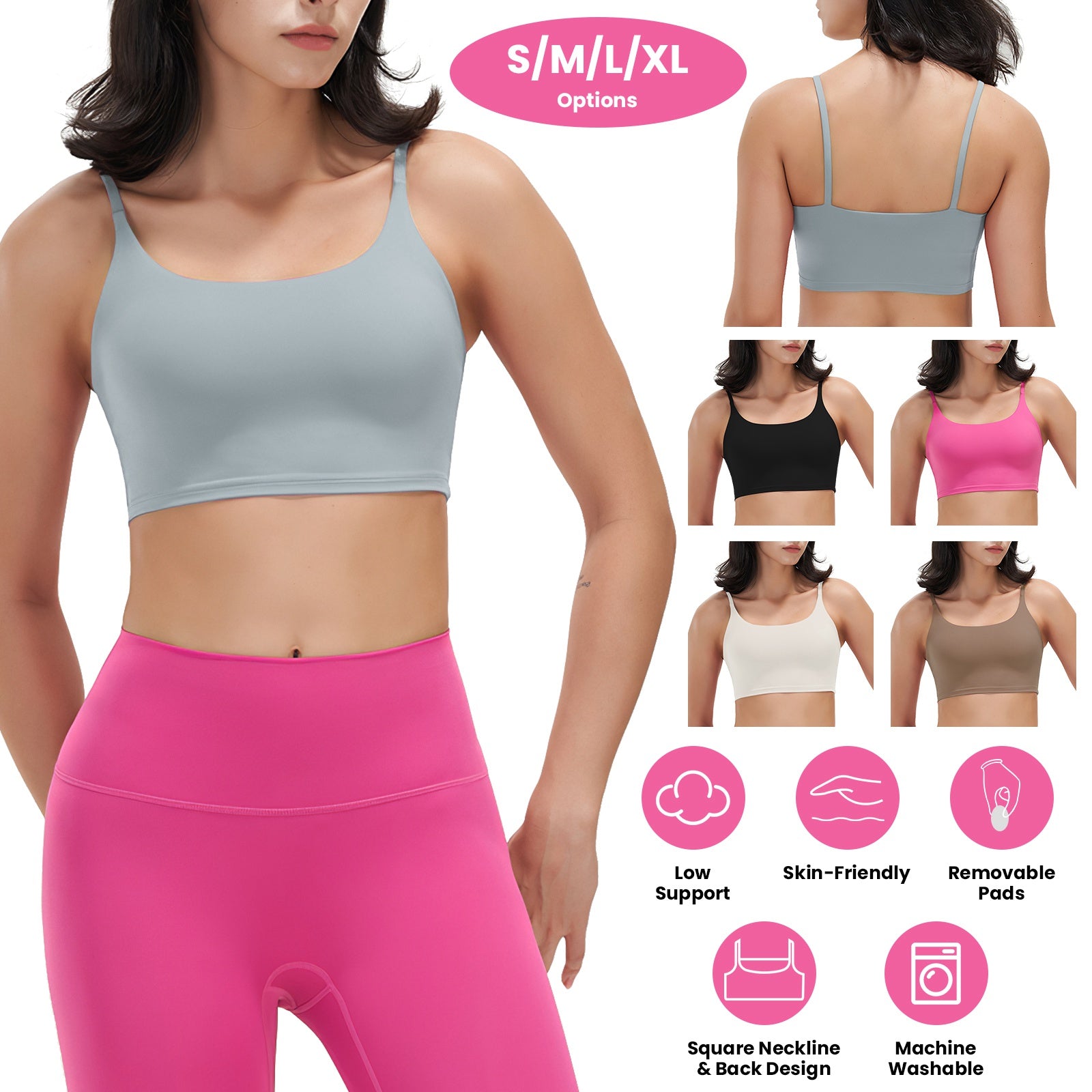 Women Strap Sport Bras Padded Strappy Crop Square Neck Low Impact Bras Sexy