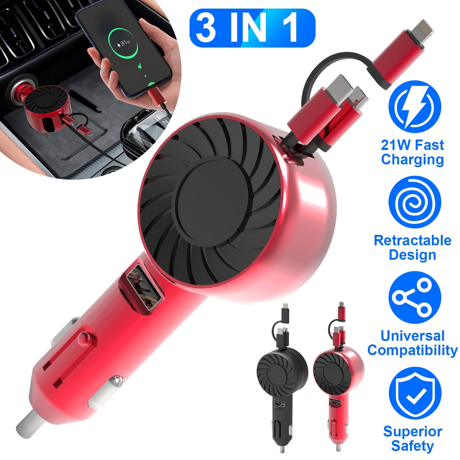 21W 3 In 1 Retractable Car Charger Fast Car Charger Mini Car Phone Charger with