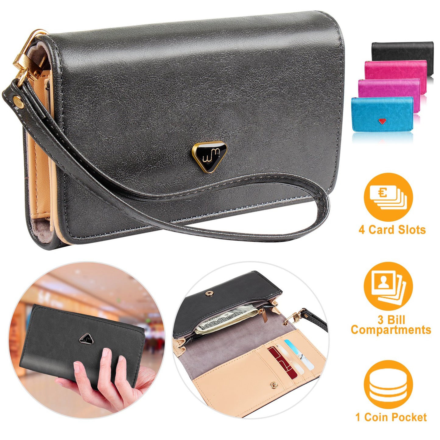 Women Wristlet Wallet PU Leather Lady Purse Credit Card Holder 4 Card Slots 3
