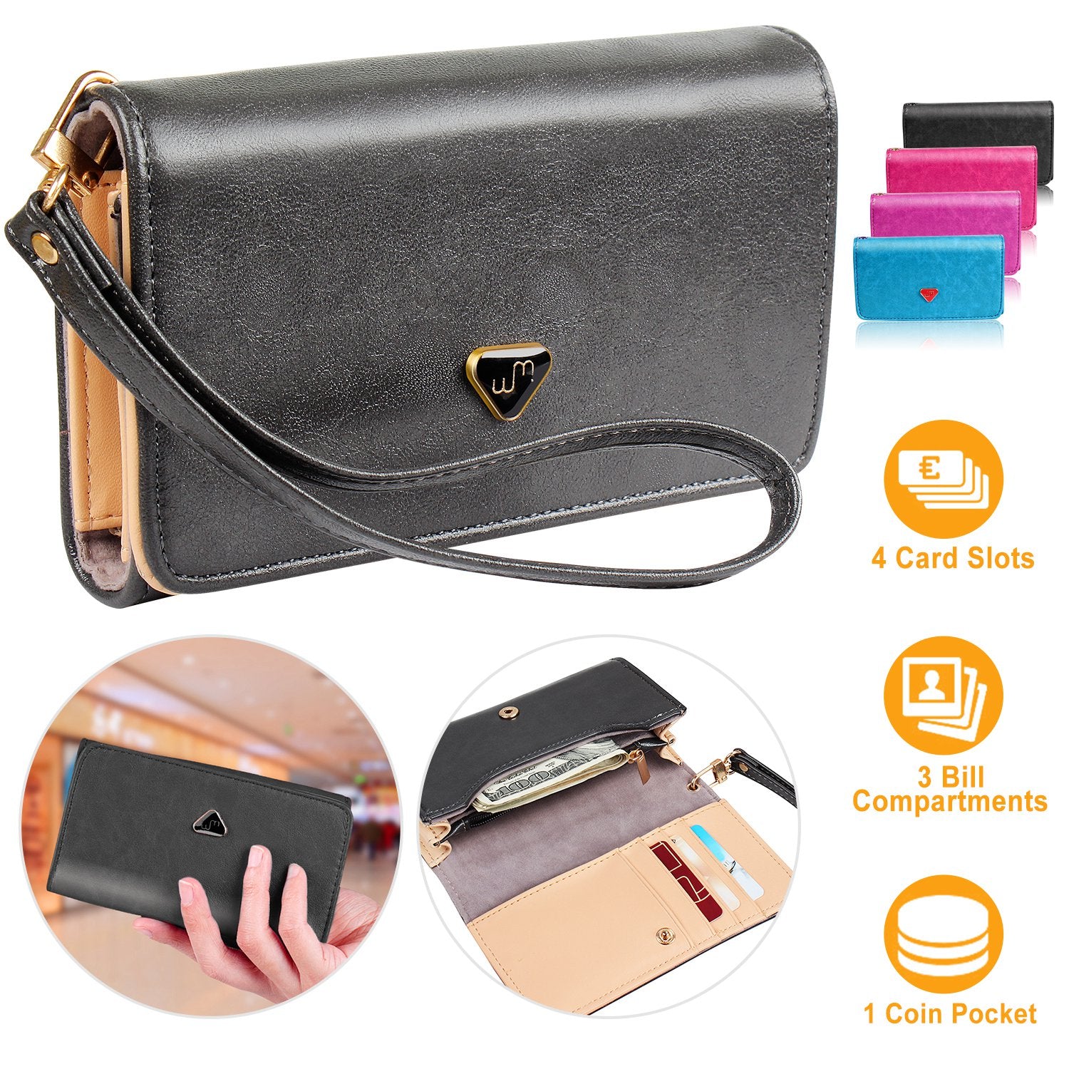 Women Wristlet Wallet PU Leather Lady Purse Credit Card Holder 4 Card Slots 3