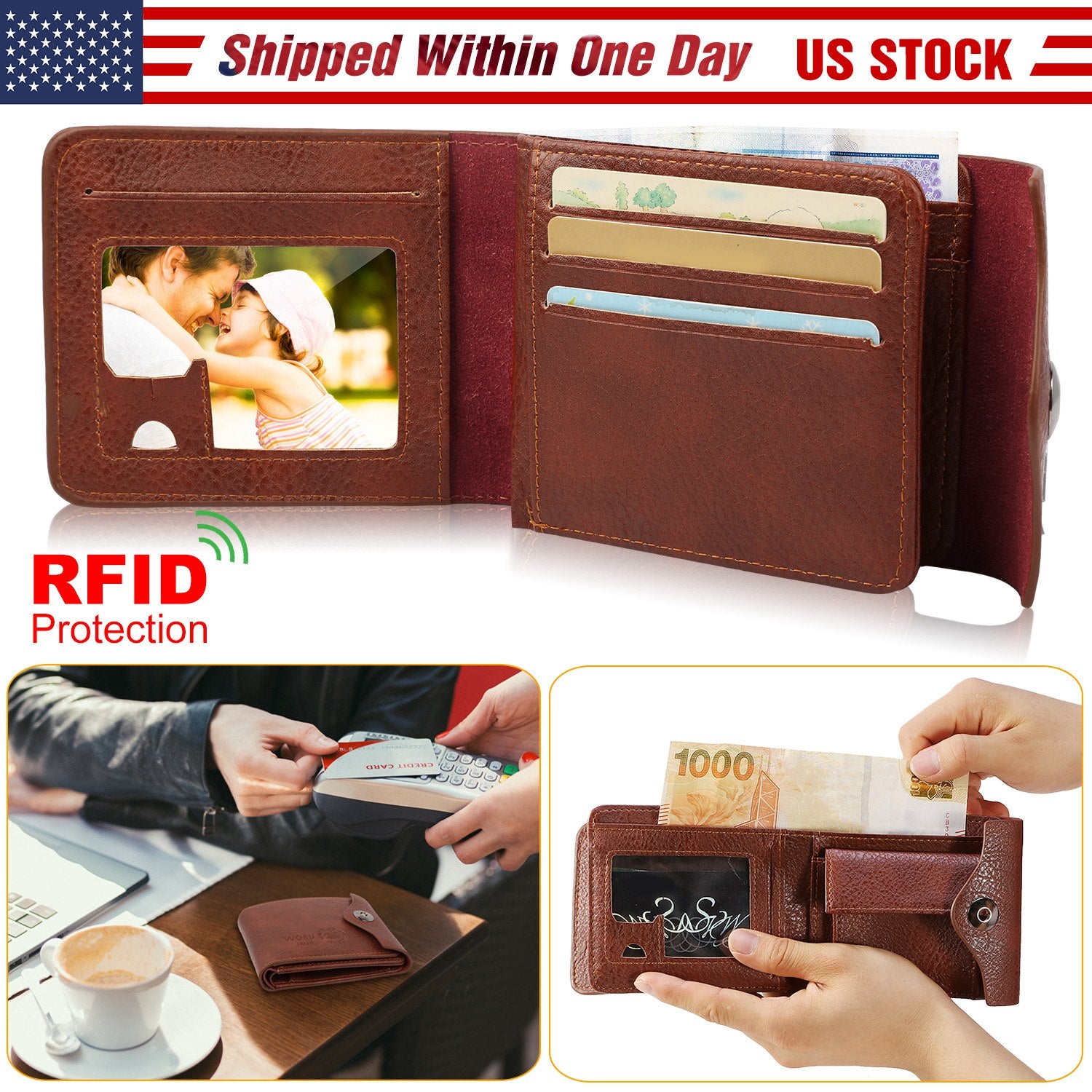 Men’s Wallet PU Leather Bifold Purse Slim RFID Blocking Card Holder Cases w/ 2