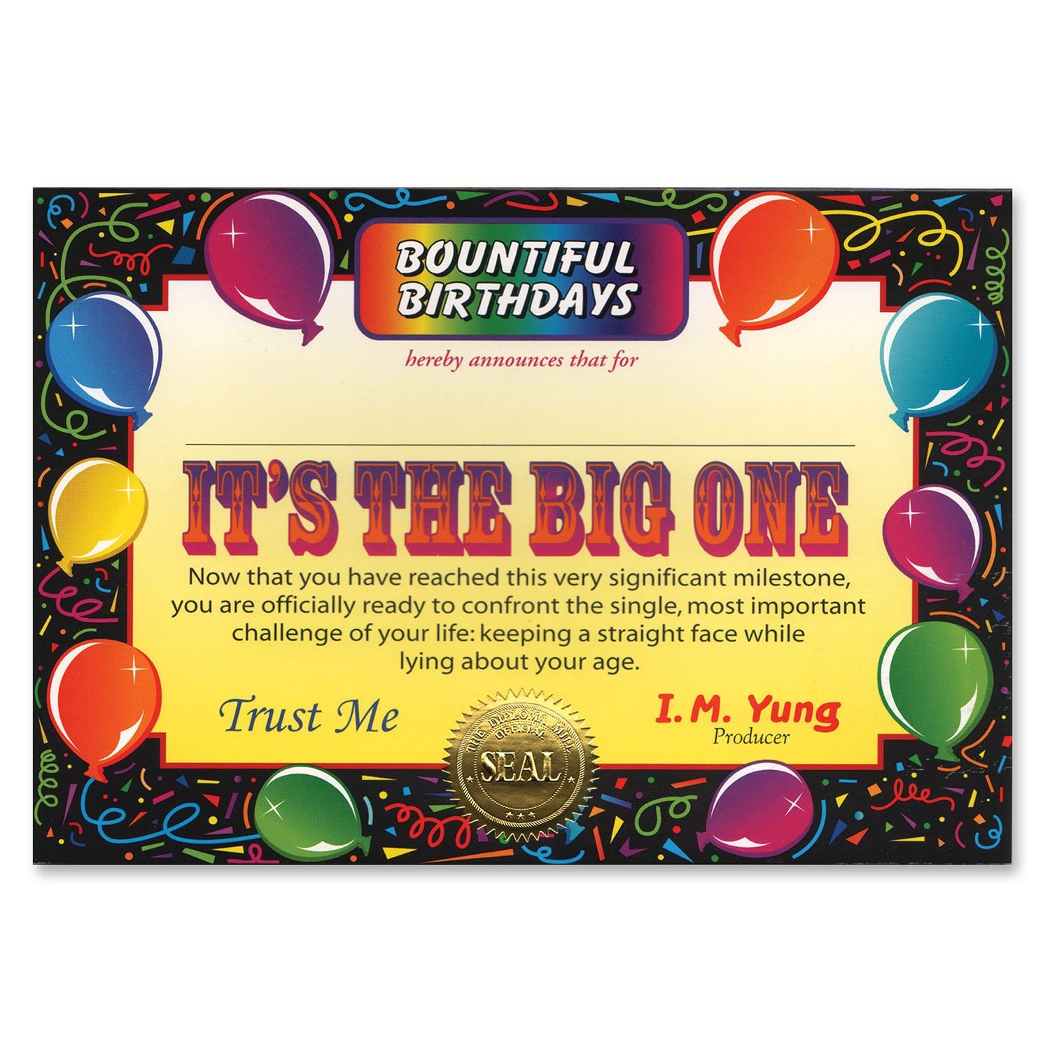 Beistle It's The Big One Certificate - Over-The-Hill | Party Supply
