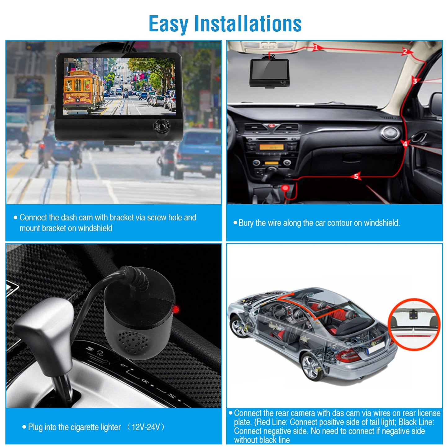 1296P Car DVR Dash Camera 4In 3 Lens Vehicle Driving Recorder Seamless