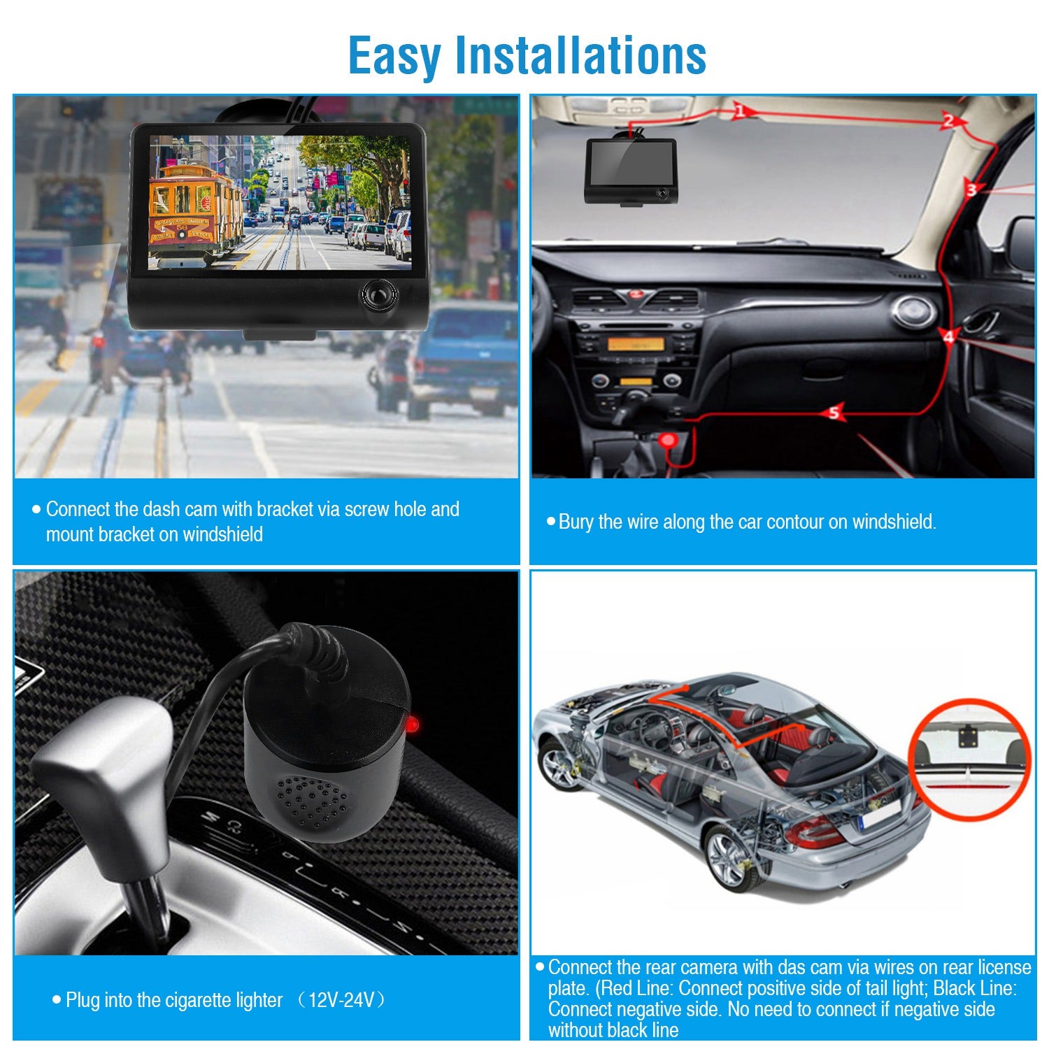 1296P Car DVR Dash Camera 4In 3 Lens Vehicle Driving Recorder Seamless