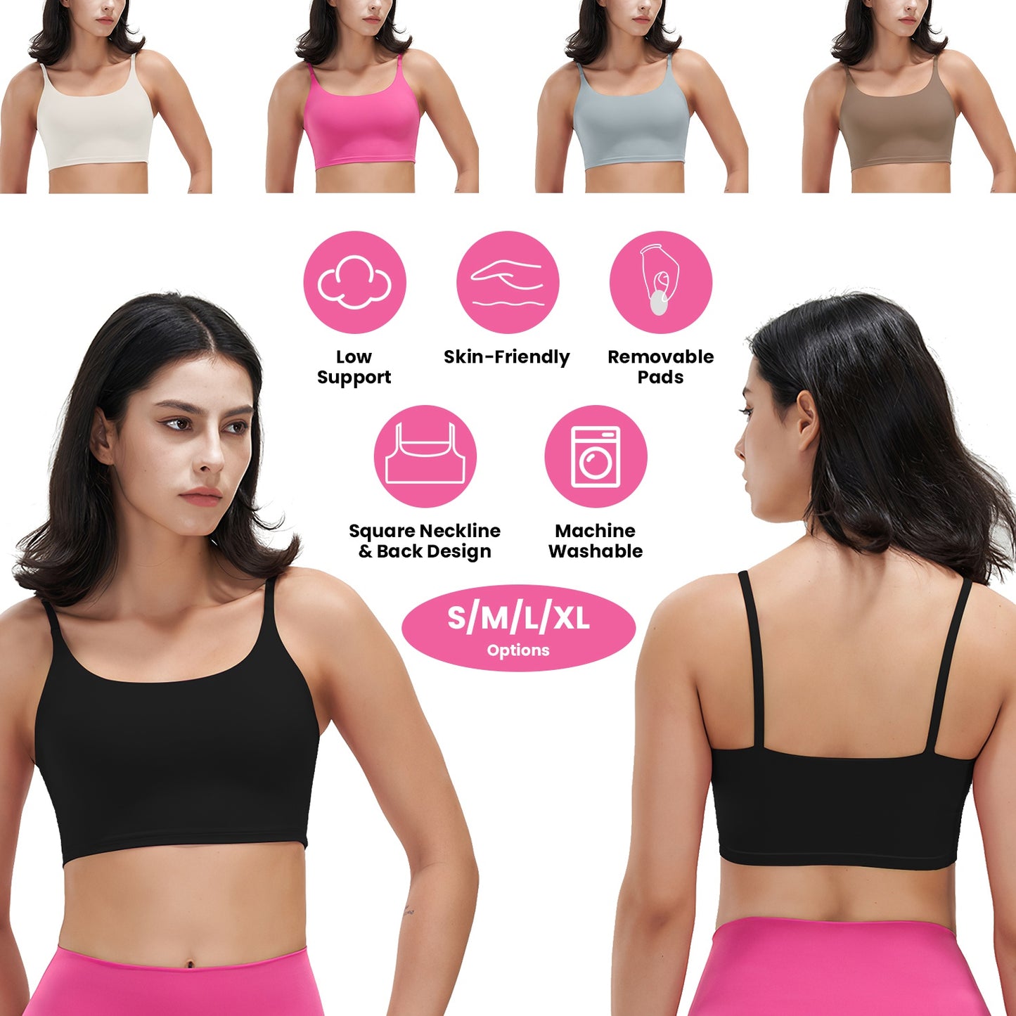 Women Strap Sport Bras Padded Strappy Crop Square Neck Low Impact Bras Sexy