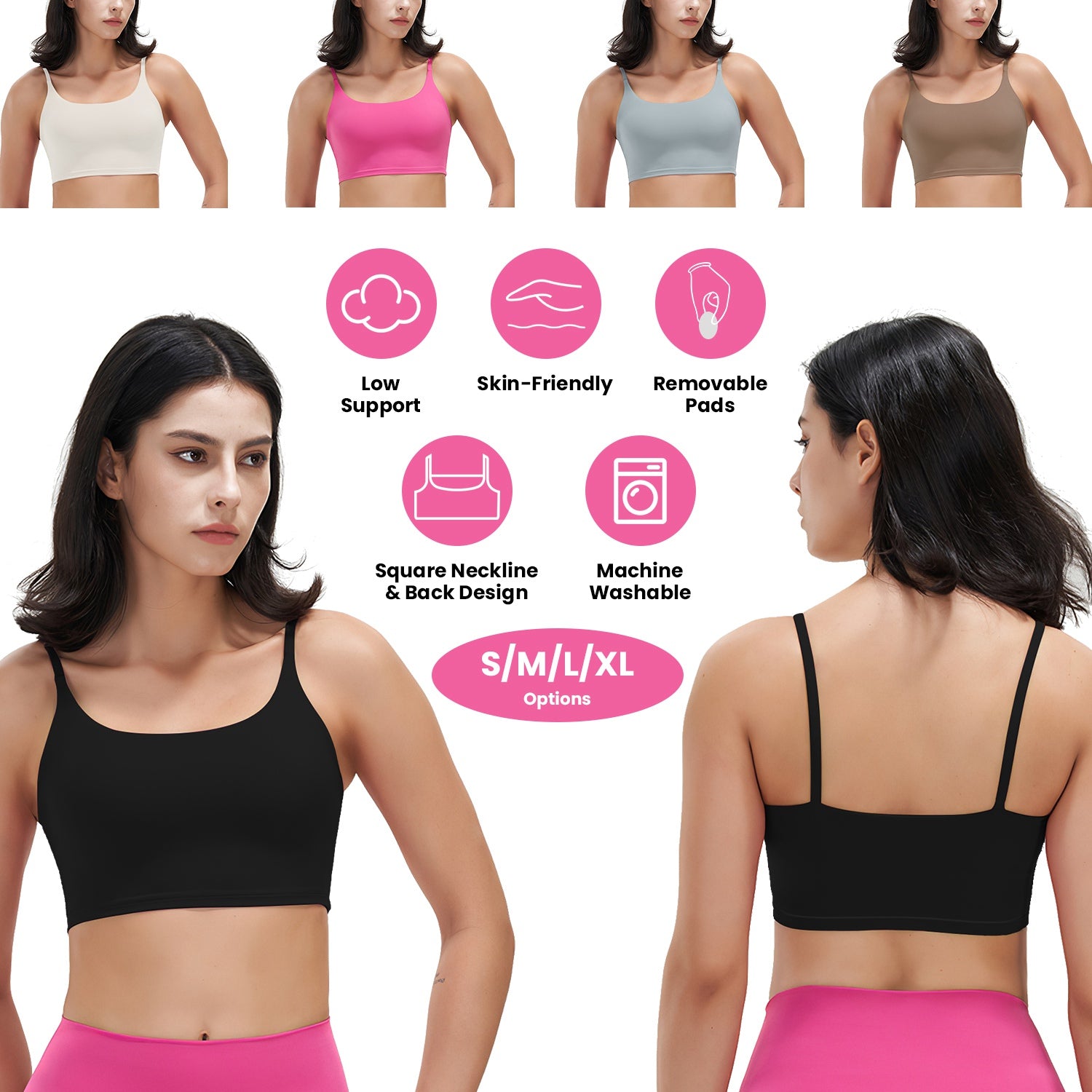Women Strap Sport Bras Padded Strappy Crop Square Neck Low Impact Bras Sexy