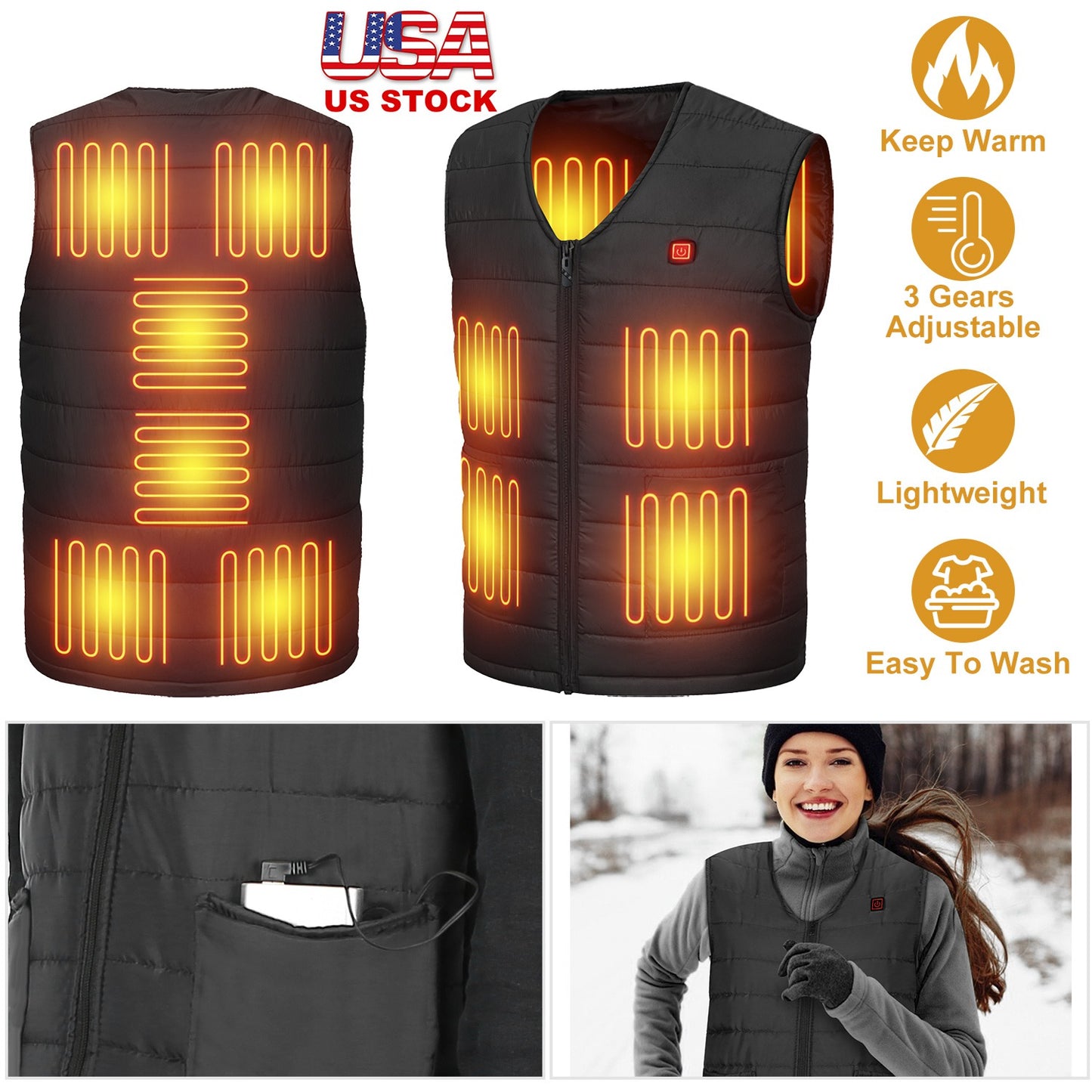 Heat Jacket Vest 3 Heating Gear Adjustable USB Heated Vest Warm Heat Coat Vest