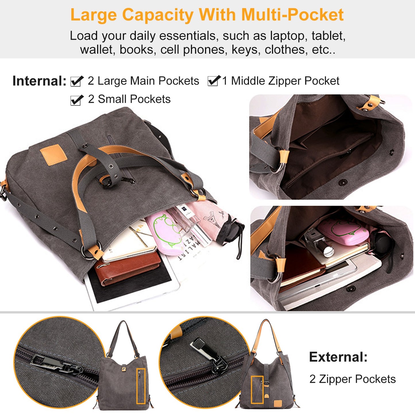 Ladies Canvas Tote Bag Multifunctional Purse Handbag Adjustable Shoulder