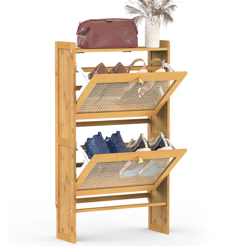 2-Tier Shoe Cabinet with 2 Flip Drawers Slim Bamboo Shoe Rack Freestanding