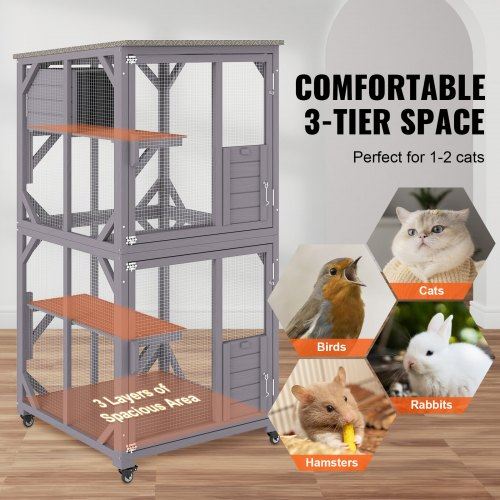 Cat House Outdoor 3-Tier Large Catio Cat Enclosure with 360d Rotating Caster