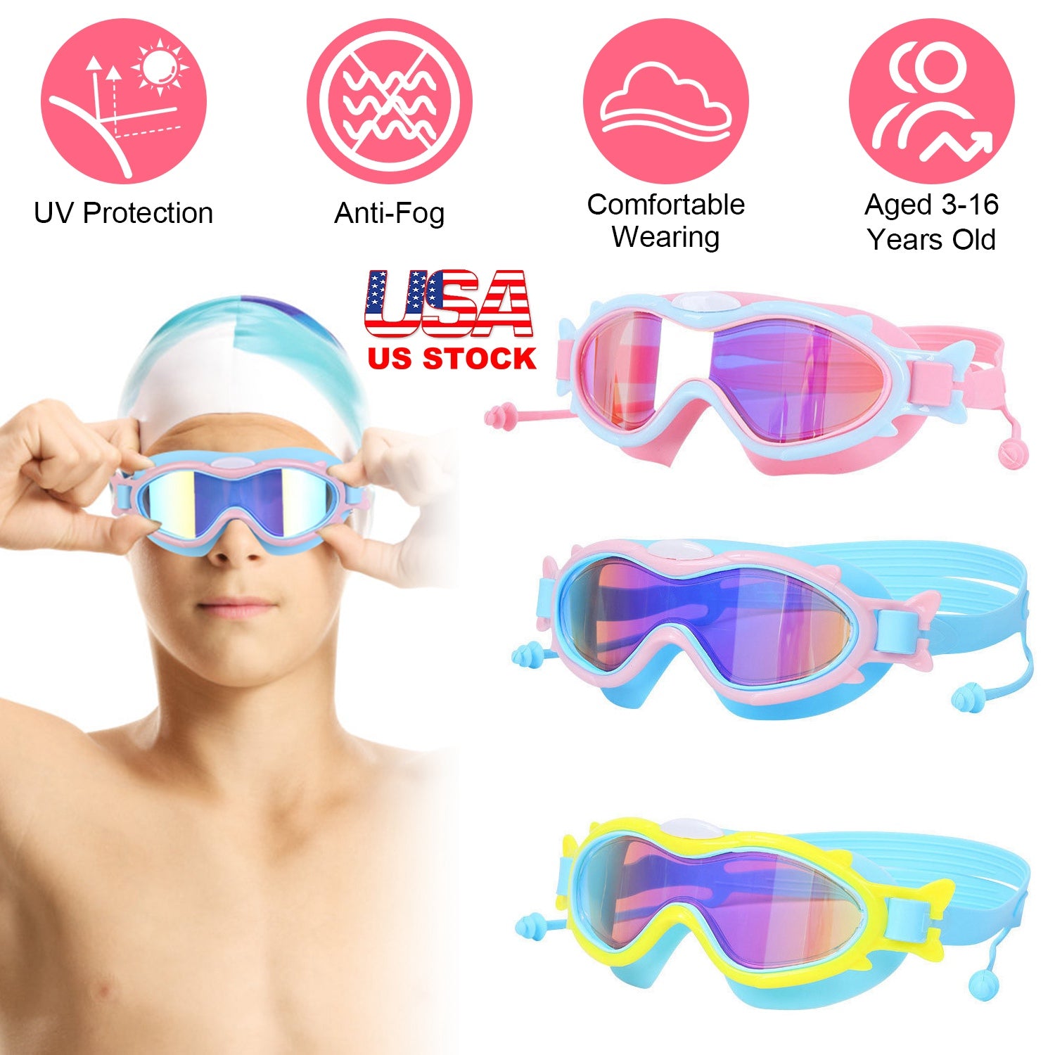 Kids Swim Goggles With Ear Plugs UV Protection Anti-Fog Leak Proof Wide View