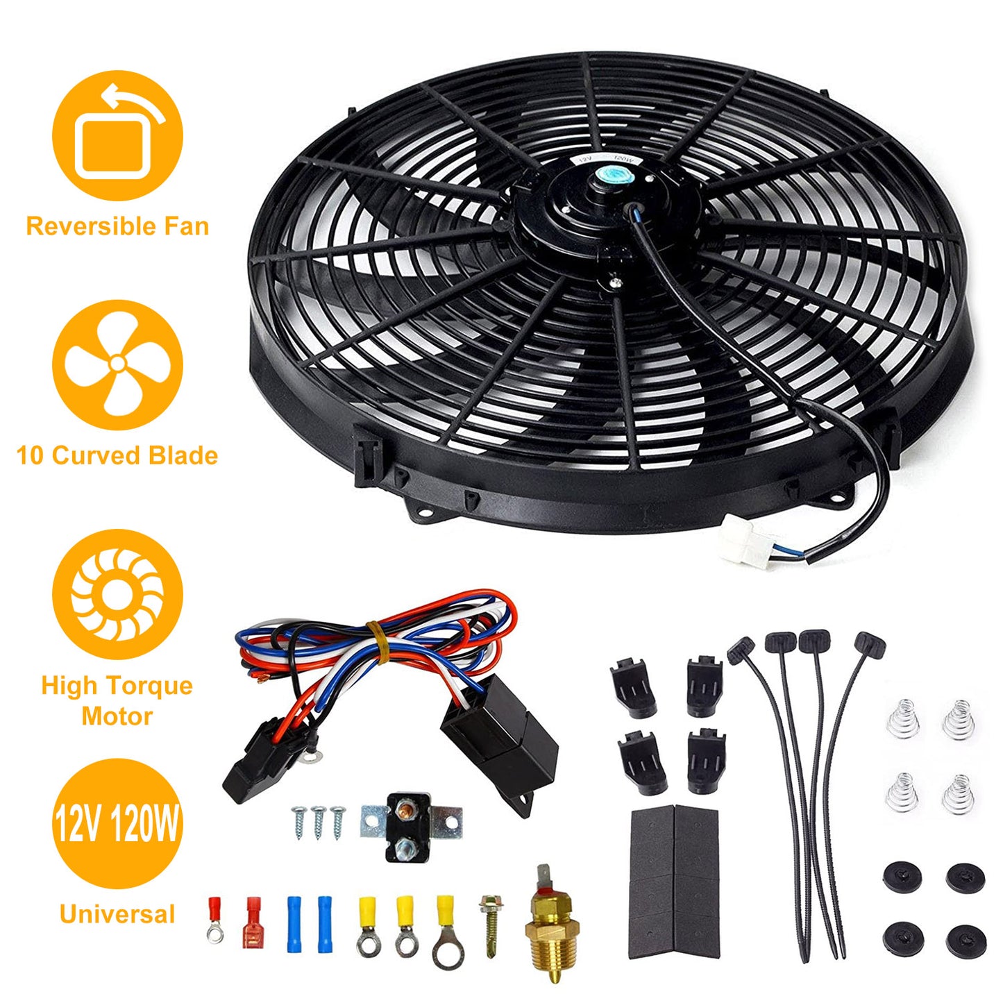 16 Inch Electric Radiator Cooling Fan 12V 120W 10 Blades Car Thermostat Kit w/