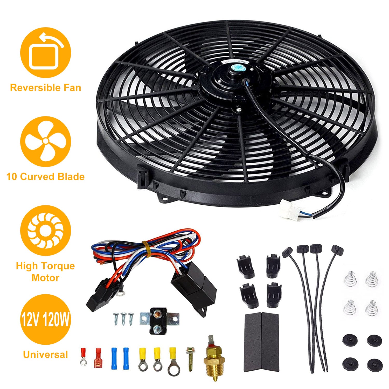 16 Inch Electric Radiator Cooling Fan 12V 120W 10 Blades Car Thermostat Kit w/