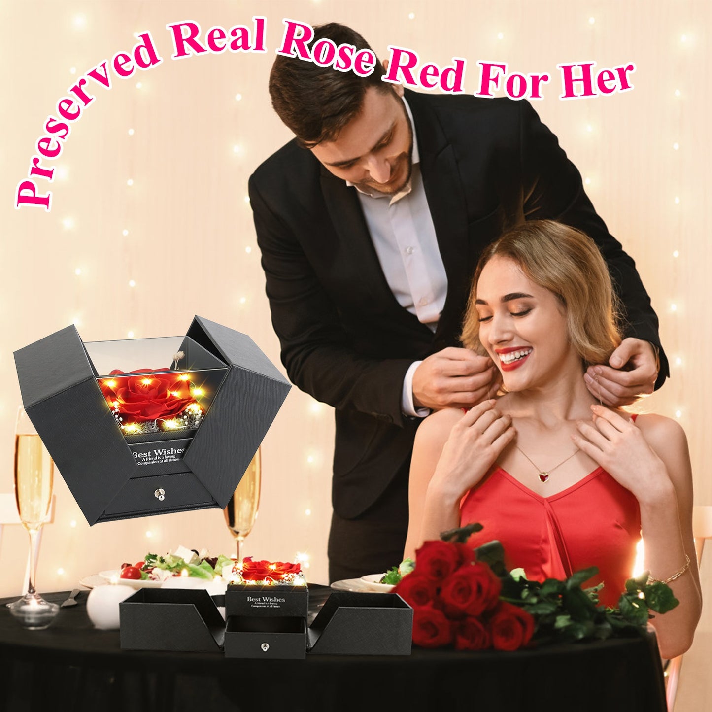Preserved Red Real Rose with Heart Necklace Eternal Flowers Rose with Golden