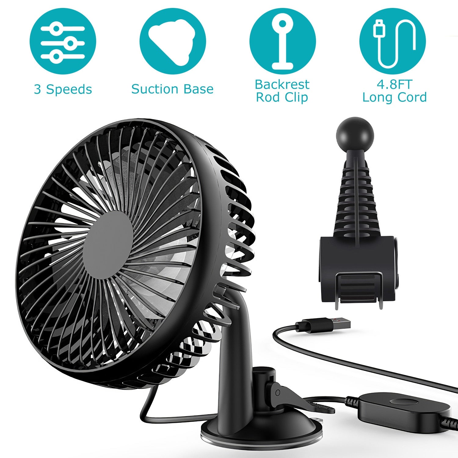 Car Cooling Fan Portable Rotatable USB Vehicle Fan Backseat Clip Fan Dashboard